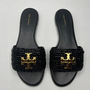 NEW NWT Tory Burch Everly Slide Sandals Perfect Black/Gold Size 8